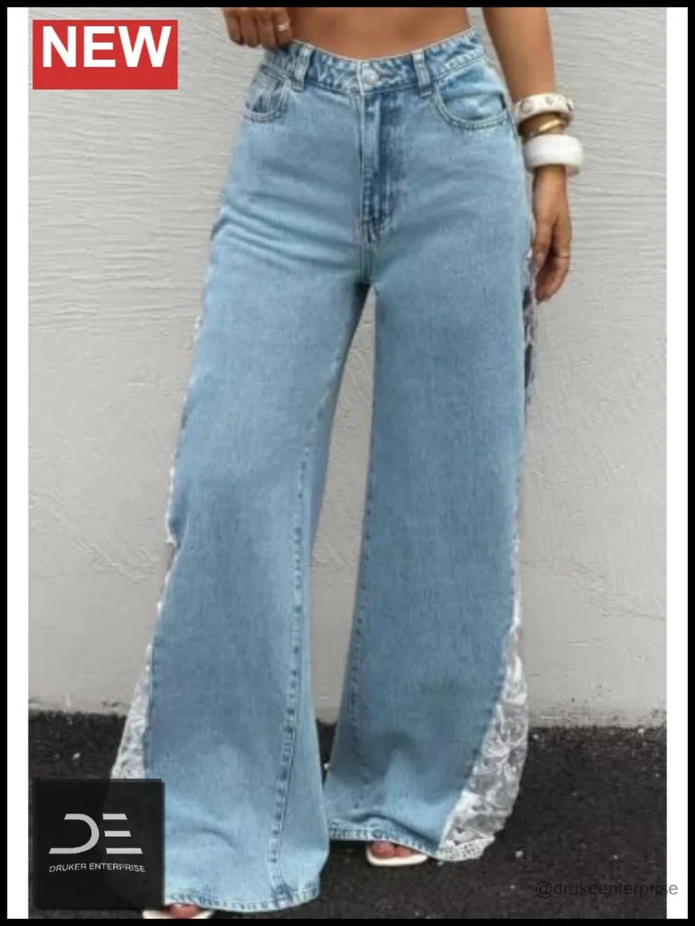 Geulis Floral Lace Wide Leg Jeans High Waisted Baggy Denim Pants